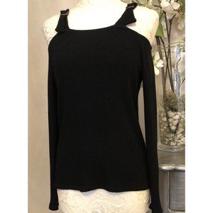 Red Haute Black Ribbed Adjustable Strap Cold Shoulder Long Sleeve Top $112 Sz S